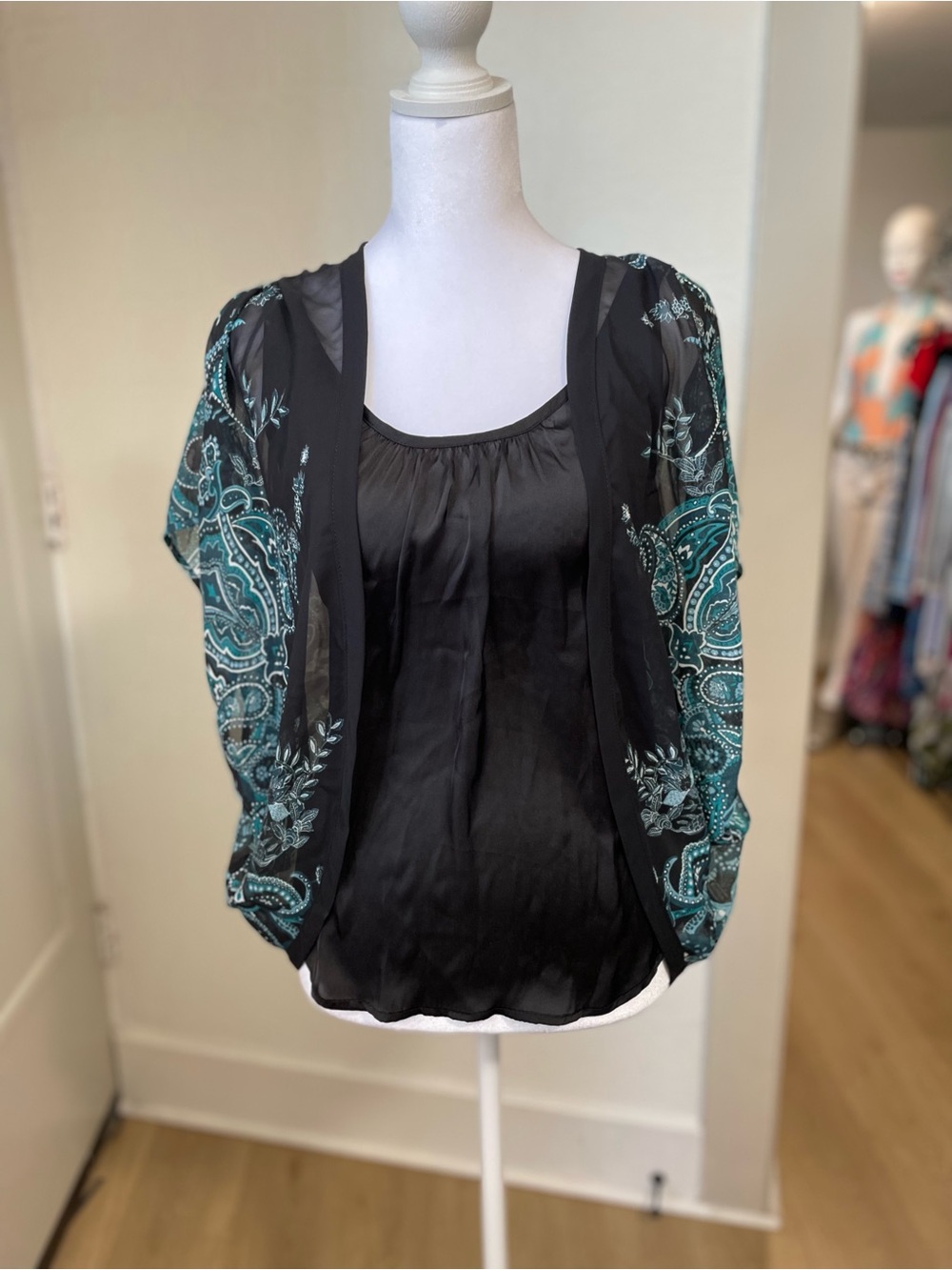 HeartSoul Black Satin Camisole with Teal Embroidered Sheer Kimono Sleeves